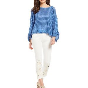 We the Free People Island Girl Hacci Knit Blue & White Striped Raw Hem Beach Top